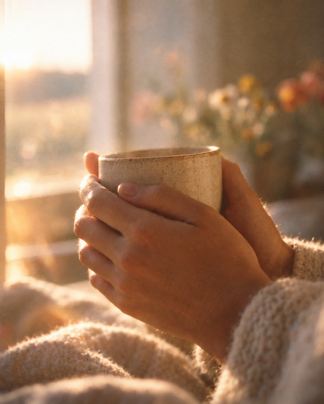 Hands around a warm cup in early light