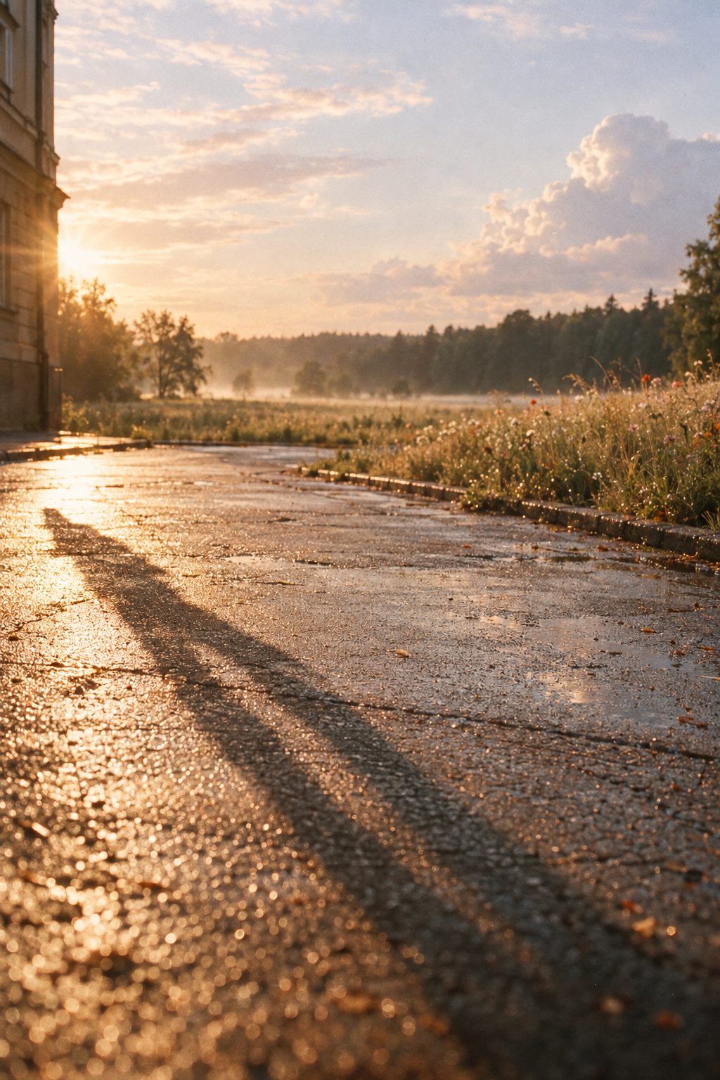 A long shadow across rain-lit pavement at dawn